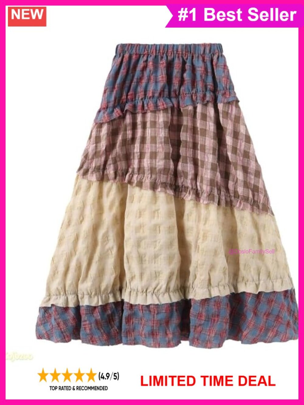 Boho Patchwork Floral Midi A-Line High Waist Pull On Skirt Cotton Blend